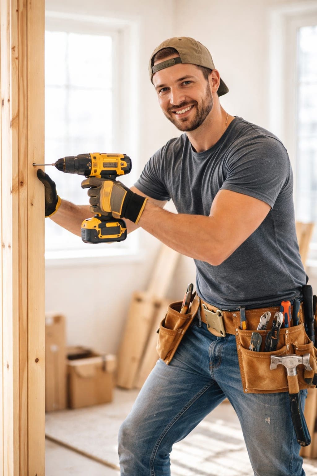 A tradesperson fixing a wall stud with a cordless drill